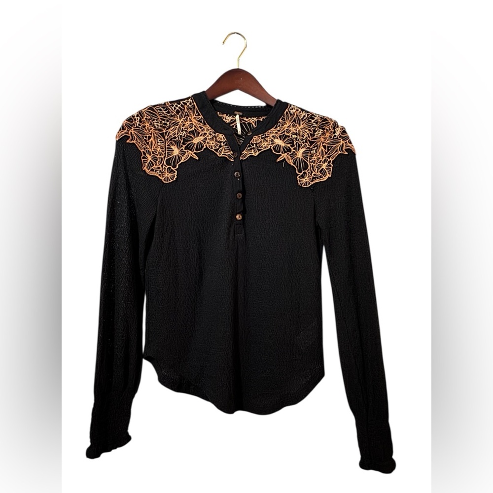 Free People Black Embroidered Lace Yoke Blouse Size M Boho Sheer Top
